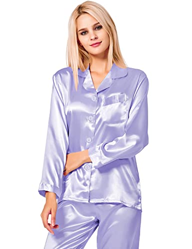 Image of SWOMOG Long Sleeve Pajamas Set Silk Satin Sleepwear Button Down Pjs Loungewear with Pocket