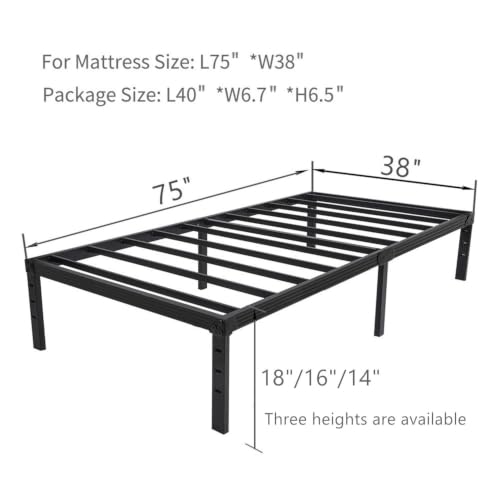 Image of Wulanos Twin Size Bed Frame, 3500lbs Heavy Duty Metal Platform with Steel Slats Support, No Box Spring Needed, 14 inches high Bedframe with Ample Storage, Sturdy and Noise-Free, Black