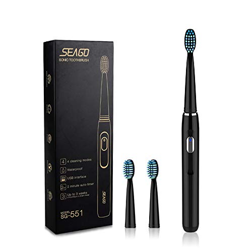 Seago Sonic Rechargeable Electric Toothbrush with 3 Replacement Brush Heads,2 Minutes Timer &4 Brushing Modes,Electronic Power,SmartSeries Oral Care,Waterproof Black
