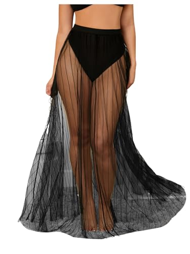 Verdusa Women's High Waist Sheer Mesh A Line Flowy Maxi Skirt Cover Up