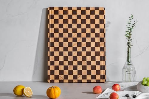 Image of THETCHRY Cutting Boards for Kitchen, Extra Large Chopping Board for Stovetop, Checkered Acacia Wood Cutting Board with Juice Grooves, Butcher Block with Gift Box, 20 inch x 15 inch x 1 inch