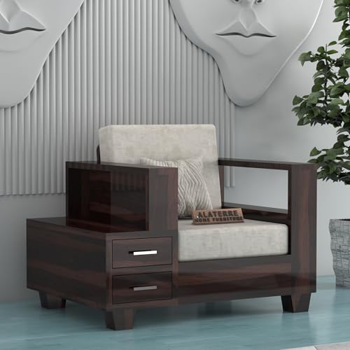 Image of Sheesham Wooden 1 Seater Sofa Set for Living Room | Solid Wood Sofa with Side Box Storage & Cushion | Rosewood Sofa Set for Home & Office | Lounge (Walnut, 1 Seater)
