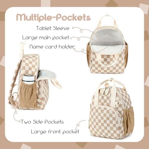 Image of Bluboon Toddler Backpack for Girls Boys 2-4 Cute 12 inch Preschool Kindergarten Backpacks Kids Daycare Bags School Travel (Brown-White checkered, Age 2-4 (12 inch H not Fit A4 Folder))