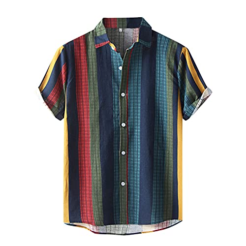 Shirts for Men Check Stripe Print Short Sleeve Turn-Down Collar Rolled Sleeve Tops Summer Buttons Loose Tee