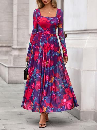 BTFBM Women Maxi Dress Fall 2025 Fashion Elegant Long Sleeve Square Neck Floral Print Party Club Wedding Guest Dresses