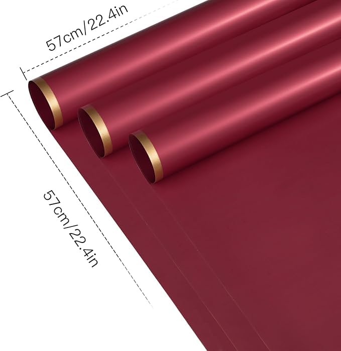 Image of Zarwani - 10 Sheets Korean Style Waterproof Maroon Bouquet Wrapping Paper (58cm x 58cm, 60 Microns) | Golden Border Design, Giftwrap for Flowers & DIY Gift Wrapping Paper (10, Gold Border Maroon)
