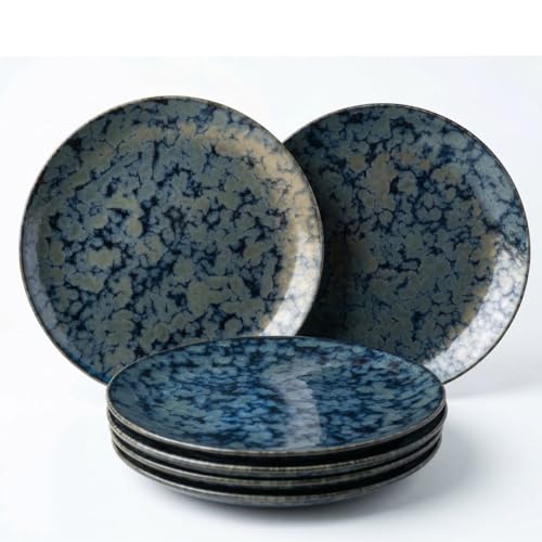 Image of Freakway Artisan Reactive Glaze Dinner Plates, Ceramic, Emerald Moss Blue, 27.17 cm, Round, Set of 6, Microwave & Dishwasher Safe