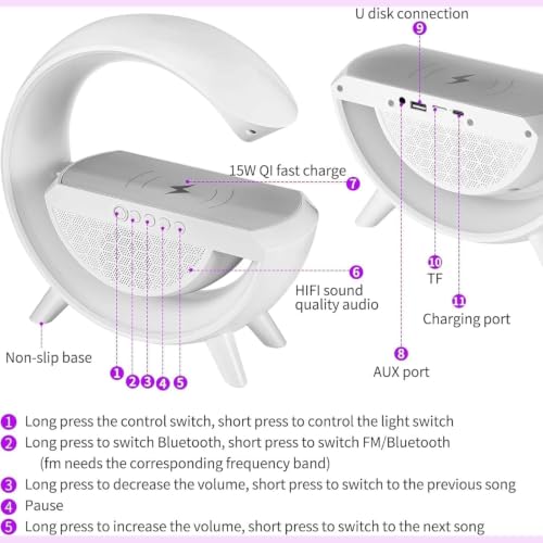 Image of G-Shape LED Wireless Charging Lamp with Bluetooth Speaker | 4 in 1 Multifunctional, RGB Atmosphere Light, Digital Alarm Clock, Dual Alarm Settings, Bedside Night Lamp