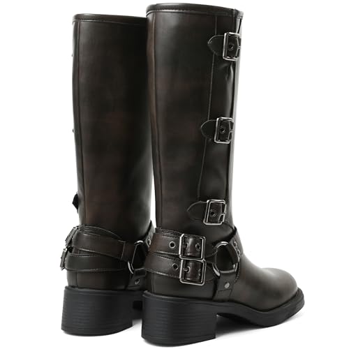 Image of AMINUGAL Knee High Boots Women Square Toe Pull On Wide Calf Riding Fashion Buckles Chunky Metallic Casual Vintage Buckle Rivet