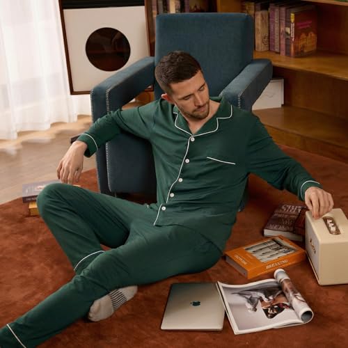 Image of BAMBOO COOL Mens Pajama Set Bamboo Viscose Cotton Soft Lightweight Loungewear Sleepwear Long Sleeve and Pants with Pockets