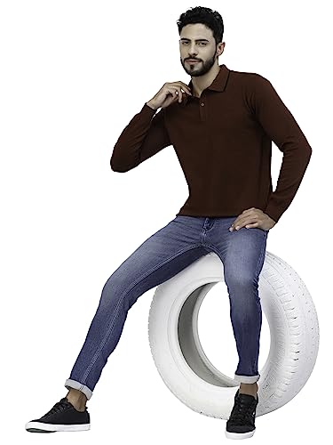 Image of Kalt Mens Basic Solid Full Sleeves Polo Cotton Blend Knitted Regular Fit Polo-Neck T-Shirts with Collar Stylish