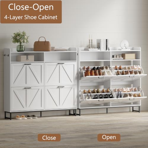 Image of Shoe Cabinet with 4 Flip Drawers, Freestanding Hidden Shoe Storage Organizer for Entryway, Narrow Slim Shoe Rack Cabinet with Open Storage & Hooks for Front Door Entrance, Living Room, Hallway, White
