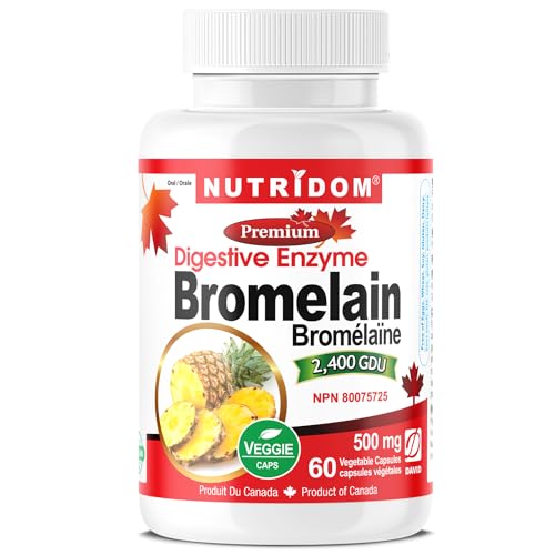 Nutridom Bromelain Digestive Enzyme Pineapple Supplements, 2400 GDU/g, 500 mg, Supports Healthy Digestion, Non-GMO, Vegan, Free of Gluten, Soy & Dairy (60 Count)