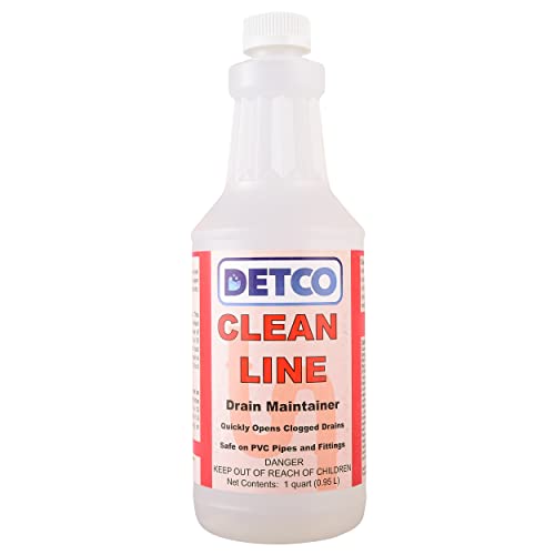 DETCO-Clean LINE Limpiador y Destapacaños para Desagües - Fórmula Líquida de Alta Resistencia Industrial, Acción Rápida, Desatasca Tuberías y Desagües Rápidamente, Estuche con 12 Botellas de 32 Onzas