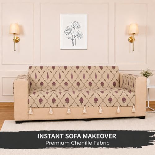 Image of STITCHNEST 'Eden Weaves Collection Series' 2 Seater Sofa Cover | Full Coverage with Armrest Pockets | Elegant Woven Fabric, Decorative Tassels, Washable & Durable for Modern Living