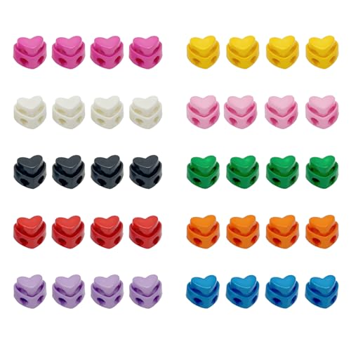 Gsrhzd Kordelstopper 40 Stück Herzform Kordelstopper 2 Loch Nylon Kunststoff Kordelklemme für Kordelzug Taschen Kleidung Rucksäcke Bastelbedarf(10 Farben)