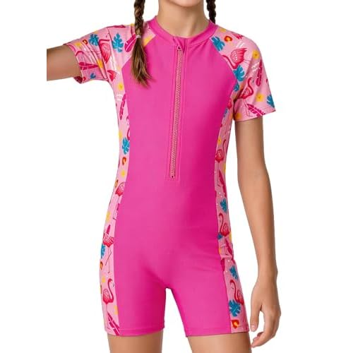 Girls Short Sleeve UPF 50+ Rash Guard Teen Colour Block One Pieces Bathing Suits with Zip 6-14 Years 10 Rose Red