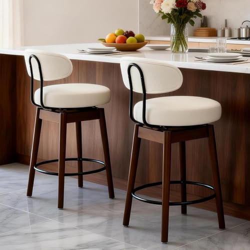 Image of COCO DESIGN White Bar Height Bar Stools Set of 2, 30 inch Swivel Chairs | Upholstered Faux Leather, Solid Wood Legs, Modern Mid Century Chairs for Kitchen Island