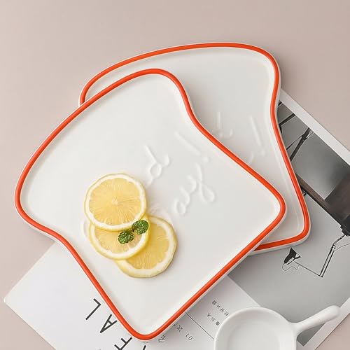 Image of Ceramic Toast Shape Serving Plate | Snack Plate for Breakfast | Decorative Dessert Plate | Microwave Safe Ceramic Plate | Unique Shaped Plate for Kitchen | Gifting Plate | Orange | 2 Piece
