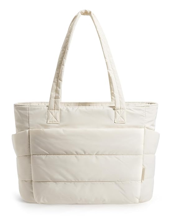 Tote Bag for Women, Lightweight Puffy Tote Bag with Compartments Shoulder Bag Handbag for Travel, Work, Gym, Beige, Standard, Puffy-image-31