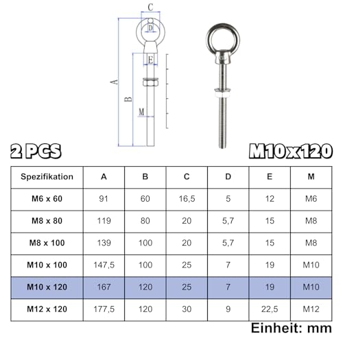 ORTAVA Eye Bolts Long M10 x 120 mm, Pack of 2 Eye Bolts with Washers and Hex Nuts, Eye Bolt Stainless Steel 316 V4A A4 - Image 2