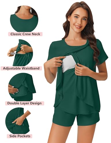 Ekouaer 3 PCS Maternity Nursing Pajamas Set Postpartum Breastfeeding Short Sleeve Shirts, Pregnancy Shorts & Pants Pjs Dark Green M - Image 4