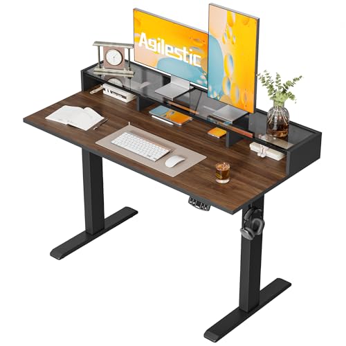 Image of Agilestic 48 x 24 Inches Electric Standing Desk with Storage, Adjustable Height Sit and Stand Computer Table with Glass Shelf, Splice Board, Dark Walnut