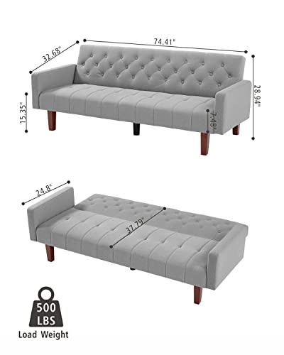 Vipnew Folding Futon Sofa Bed, Convertible Sleeper Sofa Couch, Tufted Upholstered Loveseat Sofa With Solid Wood Legs, Grey #TOP2