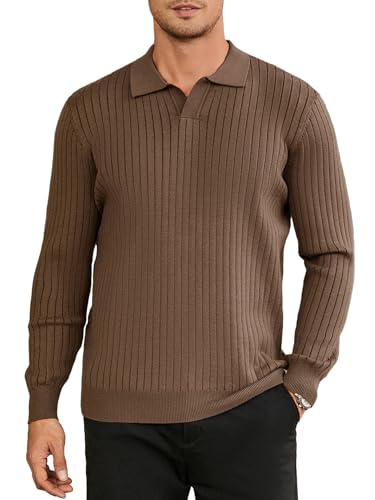 Hardaddy Men's Ribbed Knit Sweater Casual Long Sleeve Polo Sweater Collared V Neck Polo Shirts Solid Pullover Tops Coffee L