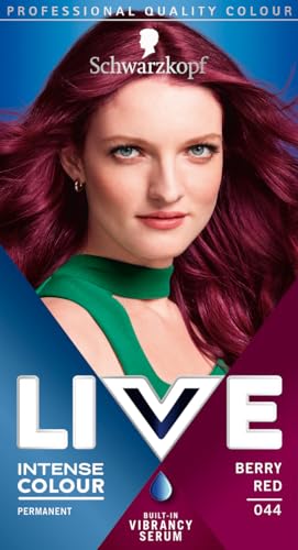Schwarzkopf LIVE Intense Colour Berry Red Permanent Hair Dye 044, Long Lasting Red with Built-In Vibrancy Serum, Berry Red for up to 100% Grey Coverage
