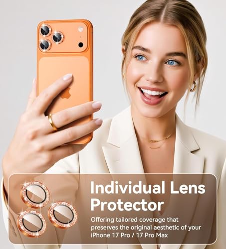 Image of for iPhone 17 Pro /iPhone 17 Pro Max Camera Lens Protector Glitter - for 17pro promax Cute Girly Metal Individual Bling Ring Cover for Women, 9H Anti-Scratch Tempered Glass, Cosmic Orange