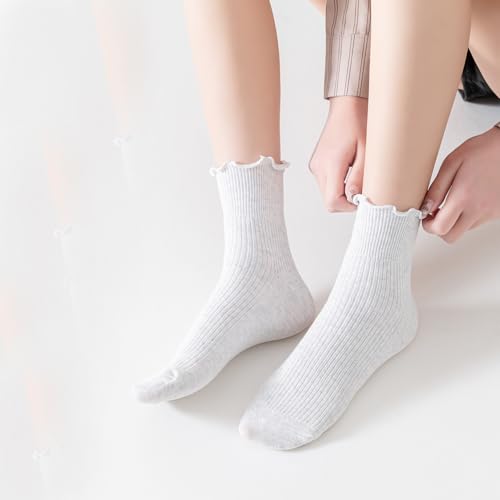 Mcool Mary Women's Ruffle Socks,Turn-Cuff Casual Cute Ankle Warm Cotton Knit Lettuce Frilly White Socks for Women 6 Pack2
