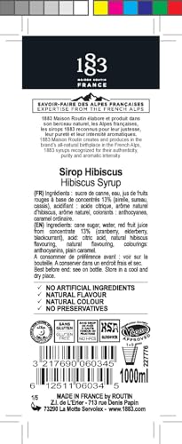 Image of 1883 Hibiscus Syrup with Pump - Premium Floral Flavoring Syrup for Hot & Cold Drinks, Tea, Lemonade, Cocktails & Mocktails - 1L (33.8 fl oz) Bottle