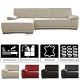 ledersofa weiss pflege Ledergarnitur weiß aus hochwertigem Echtleder fürs Wohnzimmer mit praktischer Armteilfunktion und Longchair / Schlaffunktion (Bett in drell dunkel) sorgt für eine große Liegefläche für optimalen Komfort oder dient als Gästebett