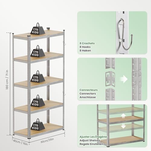 VOUNOT® Schwerlastregal 2er Set mit Haken, Regal Lagerregal Kellerregal Steckregal Werkstattregal, 180x90x40cm, 5 verstellbare Böden, 875kg belastbar