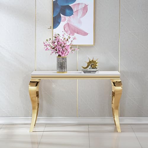 Image of Luxury Marble Console Table, White Faux Marble Top, Gold Stainless Steel S Legs, 46.8 inch Sofa Console Table Behind Couch, Modern Entryway Table for Hallway, Entrance, Foyer, Living Room