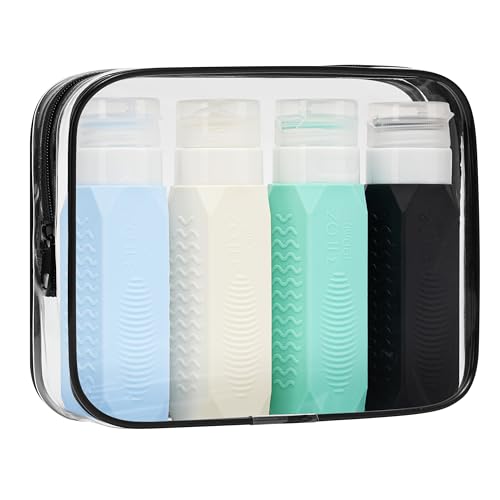 GAISHION 4 Pcs Silicone Travel Bottles for Toiletries, TSA Approved 3oz Squeeze Containers, Refillable LeakProof Travel Size Accessories for Shampoo Lotion Body Wash, Travel Essentials with Clear Bag