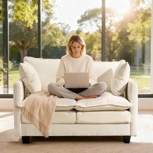 Image of 50'' Loveseat Sofa Cloud Sofa Couch, Modern Loveseats 2 Seat Couch 27 inch Deep Seat with 2 Pillows for Small Spaces Apartment Studio Office Bedroom Living Room, Beige