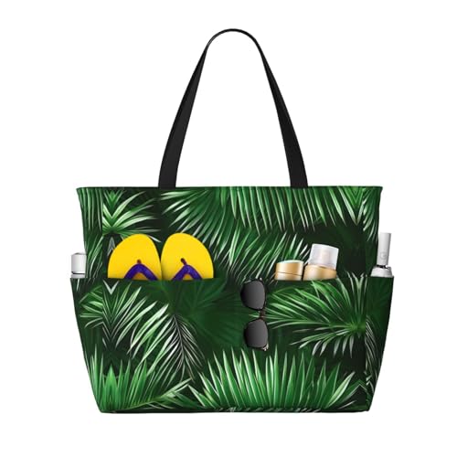 Grand sac fourre-tout noir à feuilles vertes de palmier en tissu imperméable résistant