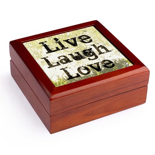 3dRose Earth Yellow Live Laugh Love Inspiration Jewelry Box 7 x 7 inch with 4 inch tile