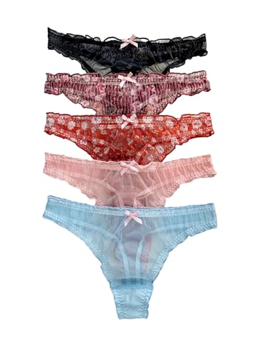 Image of SHENHE Women's 5 Packs Floral Lettuce Trim Bow Low Rise Cute Thong Panties Underwear