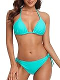CharmLeaks Women Halter Bikini String 2 Piece Triangle Swimsuit Tie Side Swimwear Aqua M