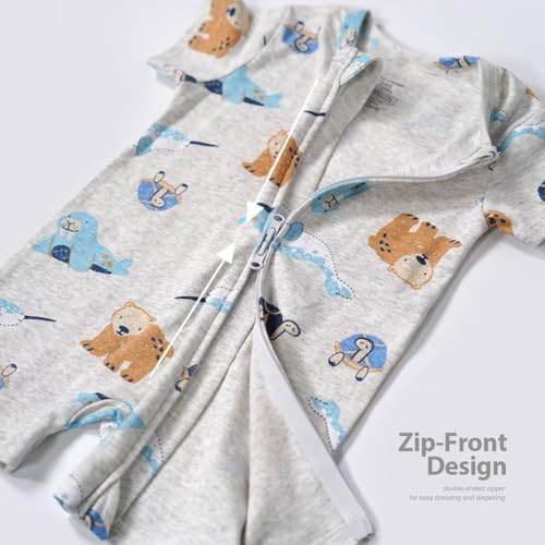Teach Leanbh Unisex Baby 2 Pack Pajamas Cotton Short Sleeve 2 Way Zipper Printing Soild Romper Jumpsuit Sleep and Play4