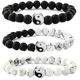 3Pcs Handmade Yin Yang Natural Stone Bead Bracelet Set for Women Men Best Friend Adjustable Braided Cord Strand Tai Chi Gossip Couple Matching Bracelet Friendship Jewelry Gift-B 3pcs