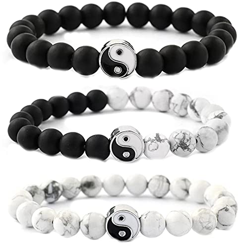 2-3Pcs Handmade Yin Yang Natural Stone Bead Bracelet Set for Women Men Best Friend Adjustable Braided Cord Strand Tai Chi Gossip Couple Matching Bracelet Friendship Jewelry Gift