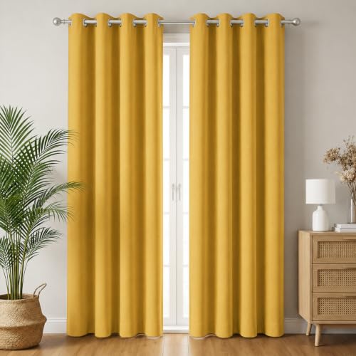 Image of 100% Blackout Window Curtains, 9 Feet, Solid Design, Faux Silk, Thermal Insulated, Noise Reducing Eyelet Door Curtain with Tie Back for Living Room & Bedroom, 115x274cm, Pack of 1 - Yellow