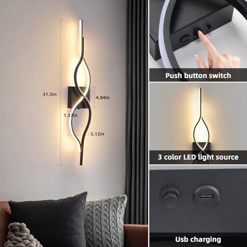 Image of Battery Operated Wall Sconces Set of 2, Black 31.4'' LED Dimmable Wall Sconce with Remote Control, Adjustable Color Temperature Brightness for Living Room Bedroom and Hallway USB Rechargeable Lighting
