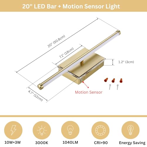 Image of 20-Inch Smart LED Vanity Light Bar | Dual Light Source (10W Main /3W Motion Sensor) | 4 Switch Modes (Incl. Night Light) | 3000K, 1040LM, CRI 90+, Dimmable, ETL(Brushed Gold)