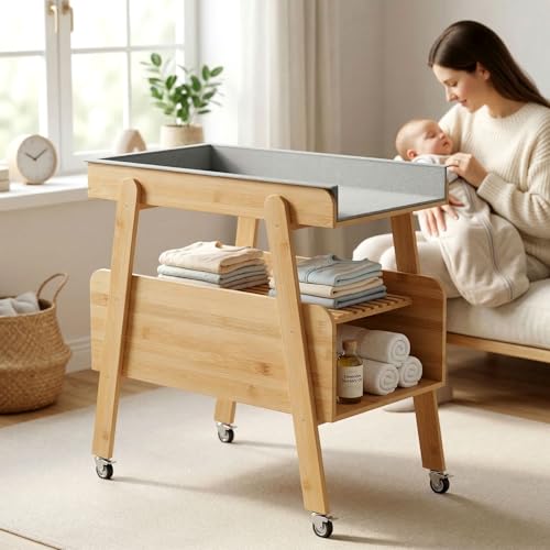 Image of Diaper Changing Station Baby Flat Top Changing Table with Wheels and Changing Pad Nursery Organizer & Storage Rack Mobile Nursery Diaper Changing Table for Baby, Newborn (Nature)