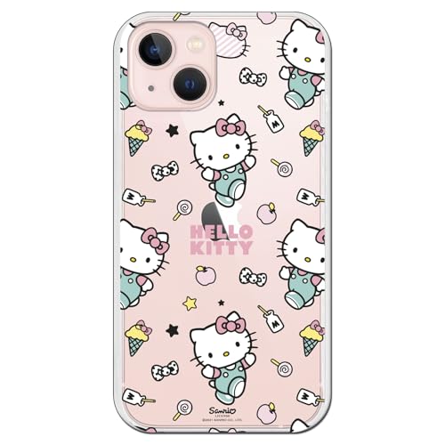 Personalaizer Funda Silicona Flexible Transparente para iPhone 13 con Diseño de Hello Kitty y Patrón de Stickers - Estilo Kawaii - Carcasa TPU